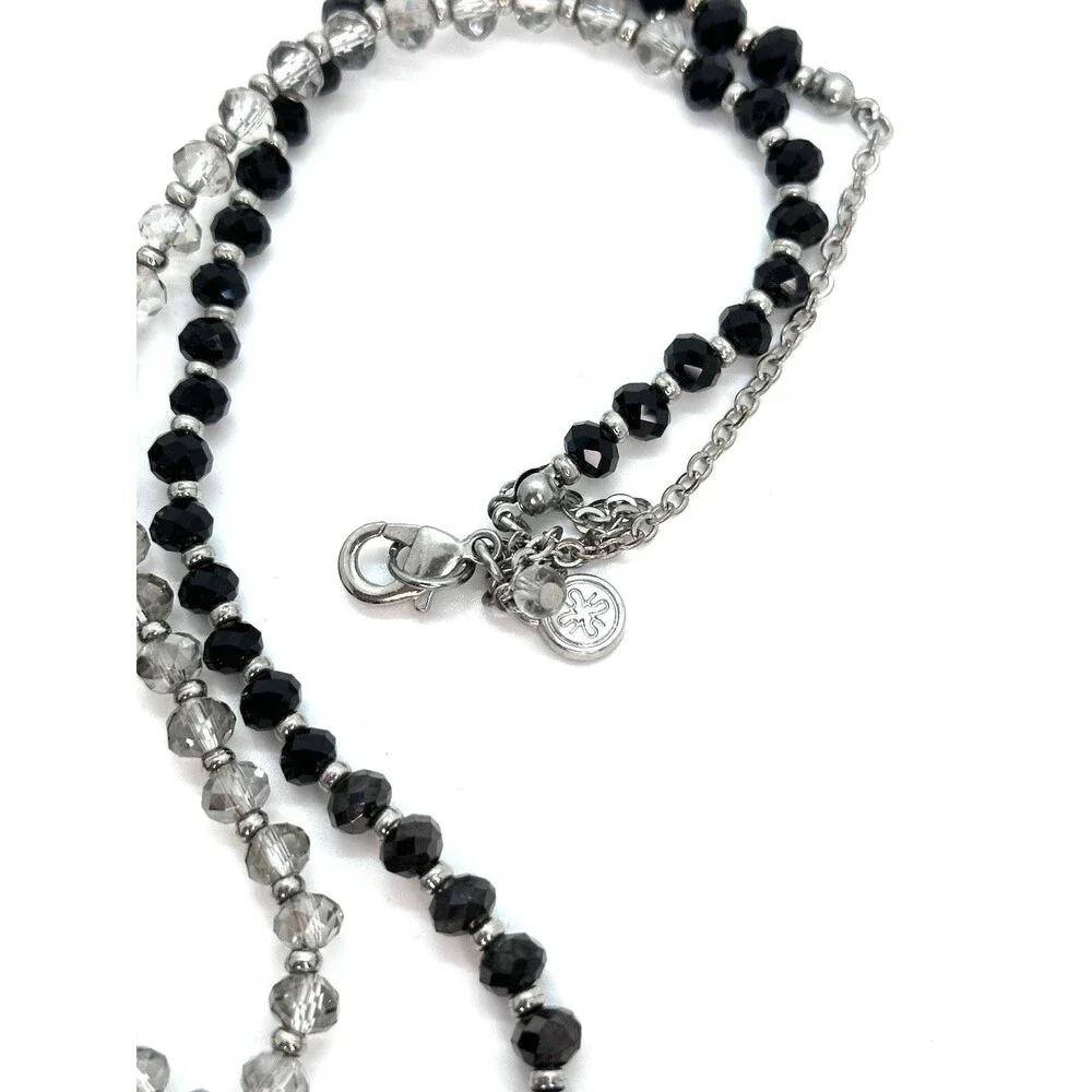 Vera Wang Necklace Black Grey Beaded Silver Tone Rhinestone Long Opera Length